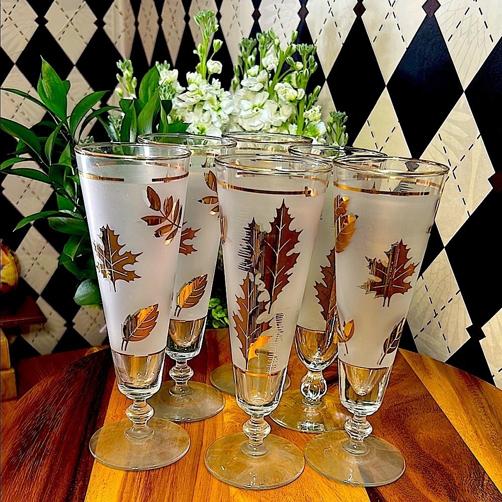 Vintage Libbey 22k Gold Maple Foliage Pilsner Glasses Set of 6| Mid Century Bar - Picture 12 of 17
